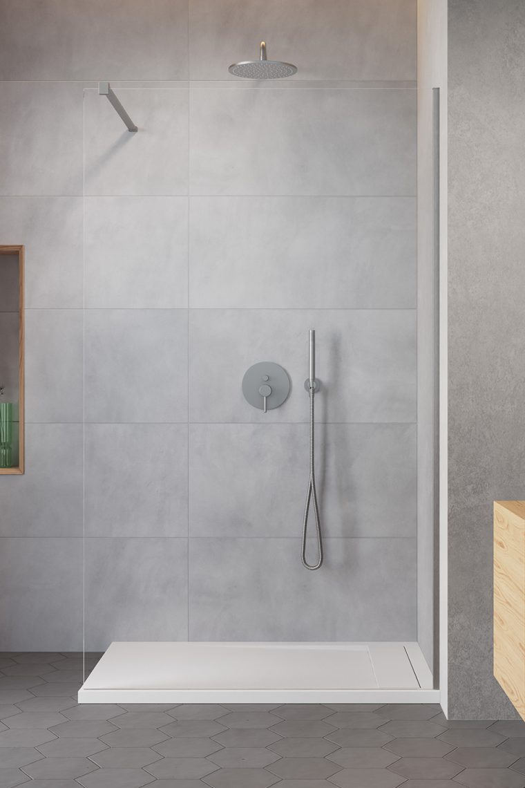 Modernne minimalistlik dušš vannituba, hallistest plaatidest seinal, elegantne valge vanniriba ja sisseehitatud duššiseadmed.